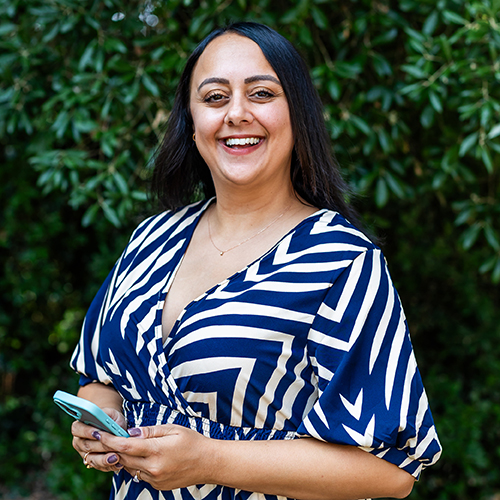Bianca Rodriguez Jacobs in blue and white dress.